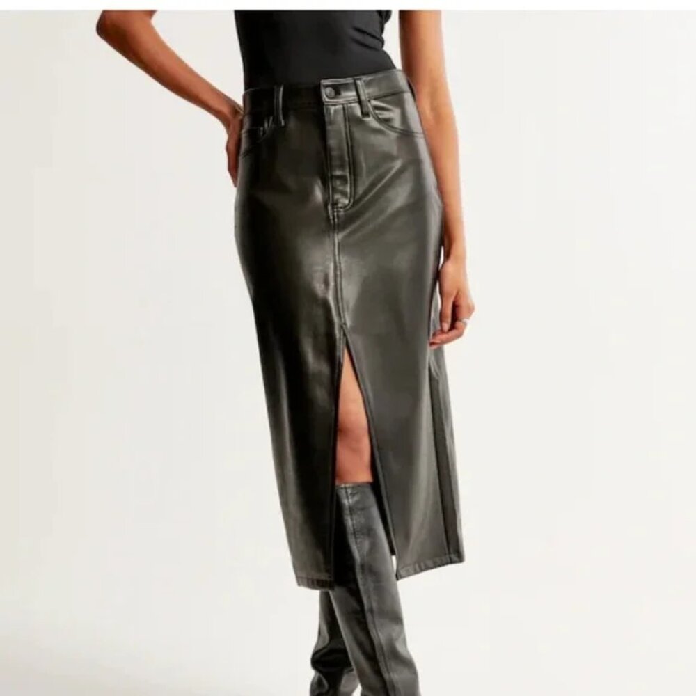 Abercrombie & Fitch Vegan Leather Midi Skirt Black 26 NWT